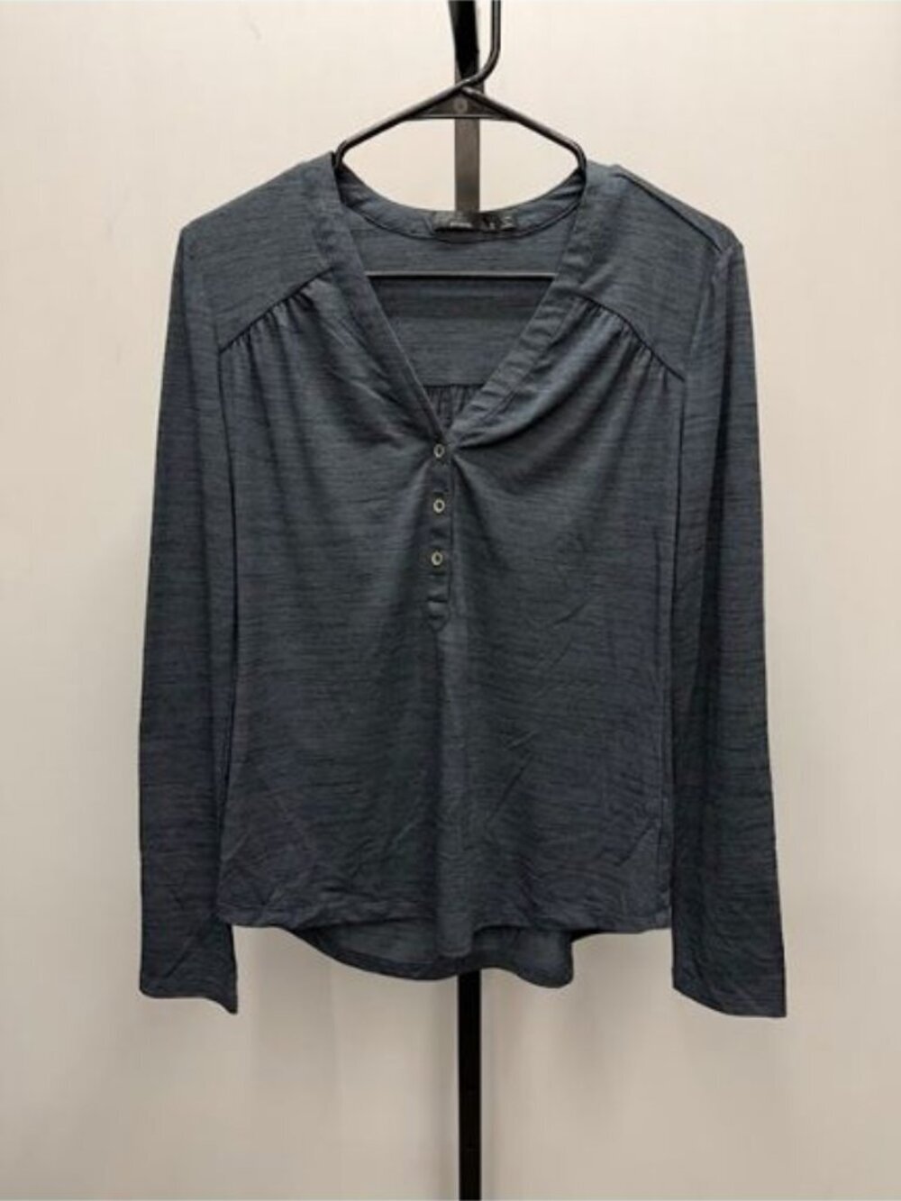 Prana Heathered Blue Grey Ruched V-Neck Henley Top